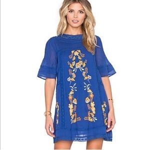 Brass & Roe Blue Embroidered Mini Dress M